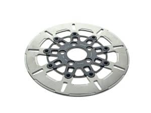 Aluminium motorcycle brake disc with mounting hardware for Revelry Motorcycles.