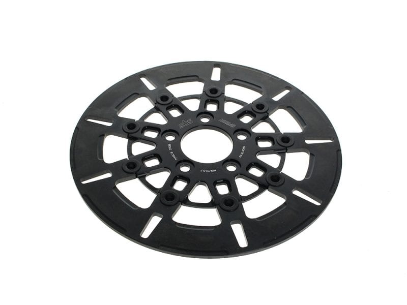 11.5in. Rear 9-Spoke Disc Rotor - Black Band & Black Carrier. Fits Big Twin 2000up & Sportster 2000-2010. Lightweight motorcycle brake disc for Revelry Motorcycles optimal stopping power.