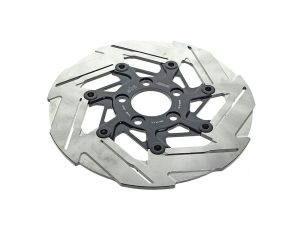 High-performance motorcycle brake disc with mounting hardware for Revelry Motorcycles.