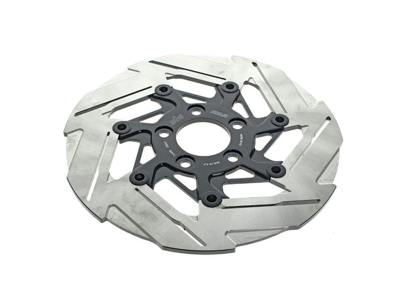 High-performance motorcycle brake disc with mounting hardware for Revelry Motorcycles.