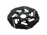 Lightweight black motorcycle brake disc for superior stopping power and durability.