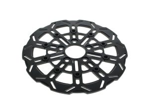 Lightweight black motorcycle brake disc for Revelry Motorcycles, high-performance bike accessories.