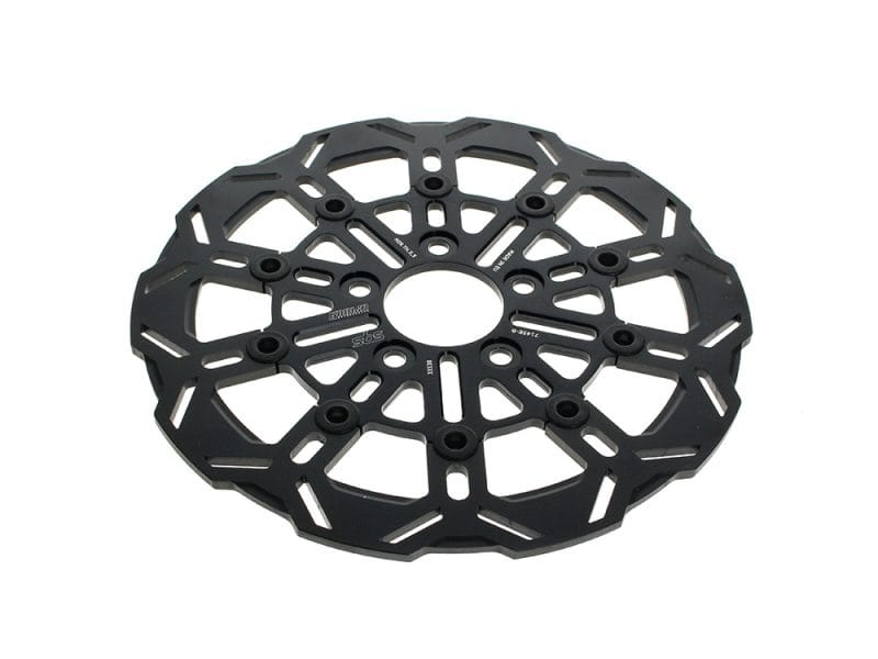 11.5in. Rear 10-Spoke Disc Rotor - Black Band & Black Carrier. Fits Big Twin 2000up & Sportster 2000-2010. Lightweight black motorcycle brake disc for Revelry Motorcycles, high-performance bike accessories.