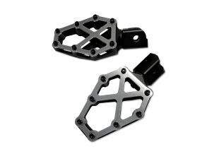 Lightweight motorcycle footpegs for Revelry Motorcycles, durable aluminium construction.