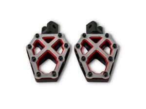 Lightweight motorcycle foot pegs with black and red accents for Revelry Motorcycles.