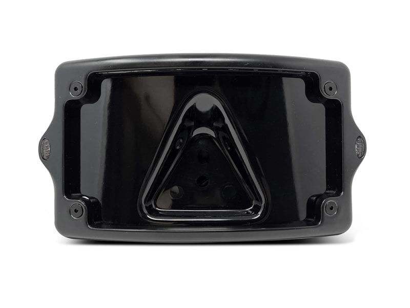 Extreme motorcycle headlight with black casing and triangular LED design for Revelry Motorcycles enthusiasts.
