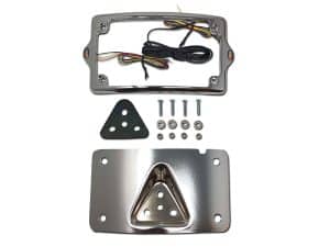 Chrome motorcycle speedometer mount kit with wiring and mounting hardware for Revelry Motorcycles.