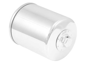 Aviation fuel filter in chrome finish for motorcycle performance and reliability.