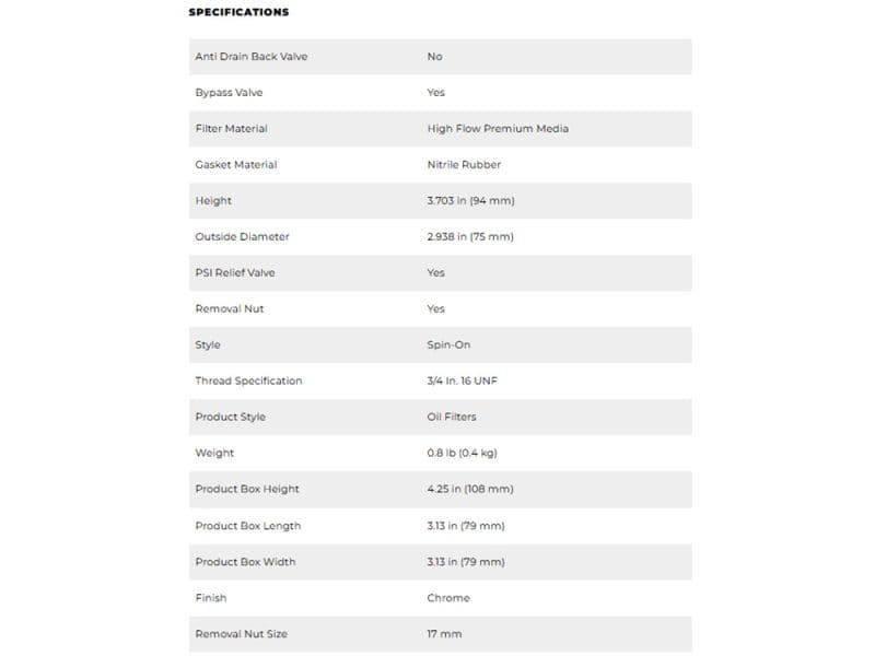 High-flow oil filter with spin-on style for motorcycles - durable rubber gasket and chrome finish.