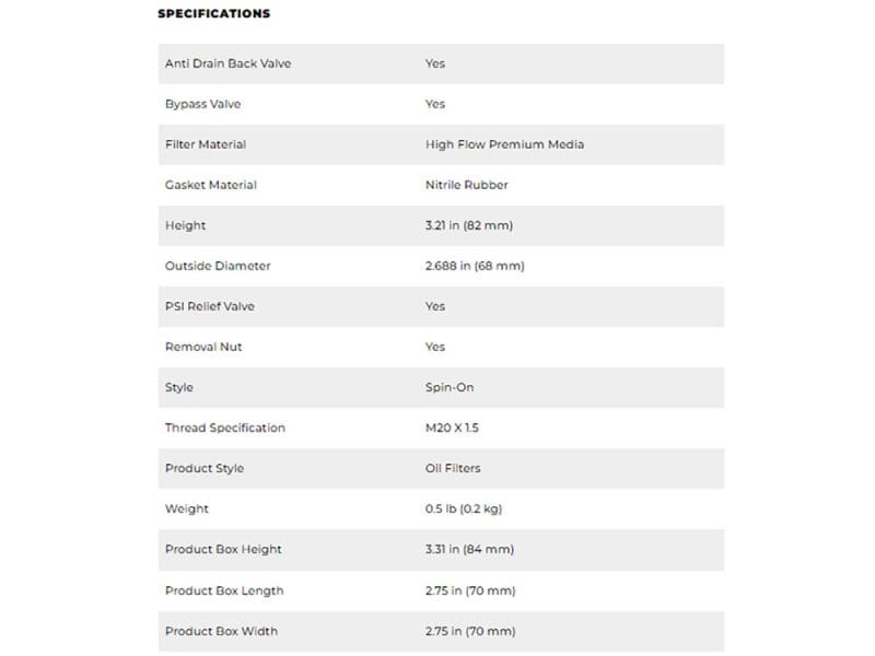 High flow oil filter for motorcycles, durable rubber gasket, spin-on style, M20 x 1.5 thread.