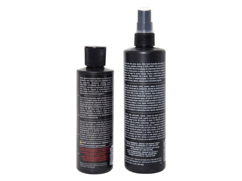 Aerosol spray bottle for motorcycle safety and maintenance, black with label.
