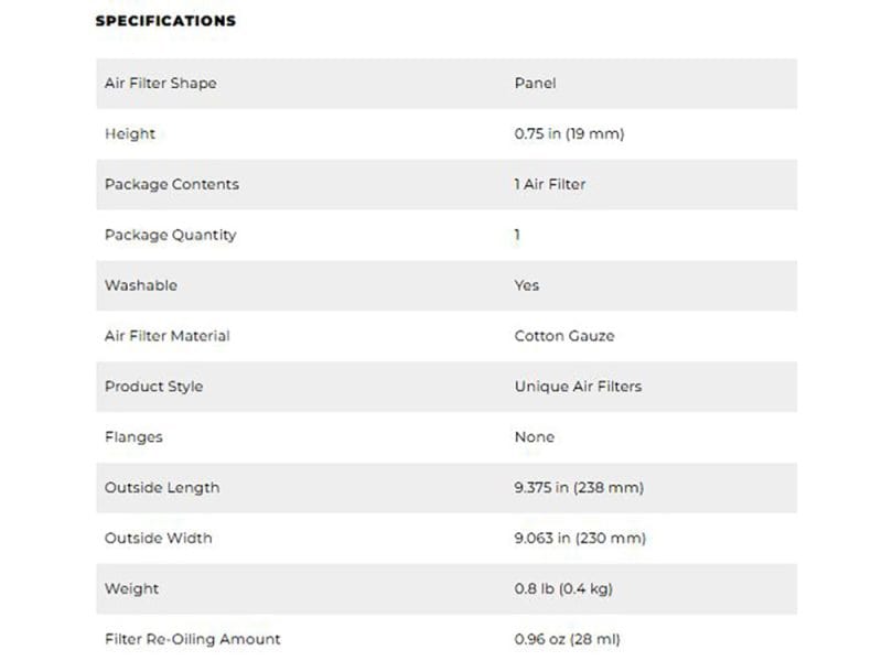 High-Flow Air Filter Element. Fits Honda Goldwing 2001-2017 High-quality air filter for motorcycles, washable, cotton gauze material, fits Revelry Motorcycles.