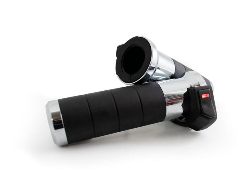 High-performance motorcycle handlebar grip with integrated throttle for Revelry Motorcycles.