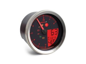 RPM motorcycle tachometer with digital speed display and warning lights for Revelry Motorcycles website.