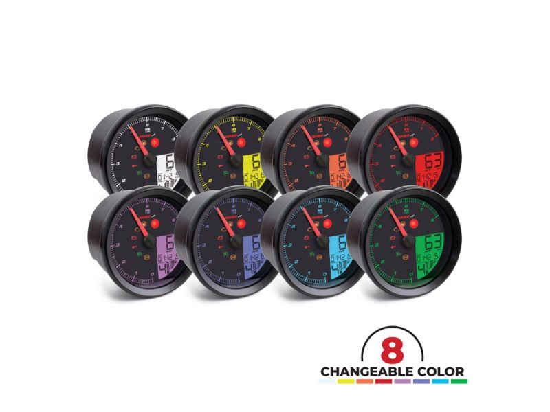 Velo speedometer with 8 changeable colour options for motorcycles and bikes in vibrant LED display.
