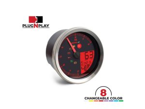 Digital motorcycle tachometer with customizable color options for Revelry Motorcycles.