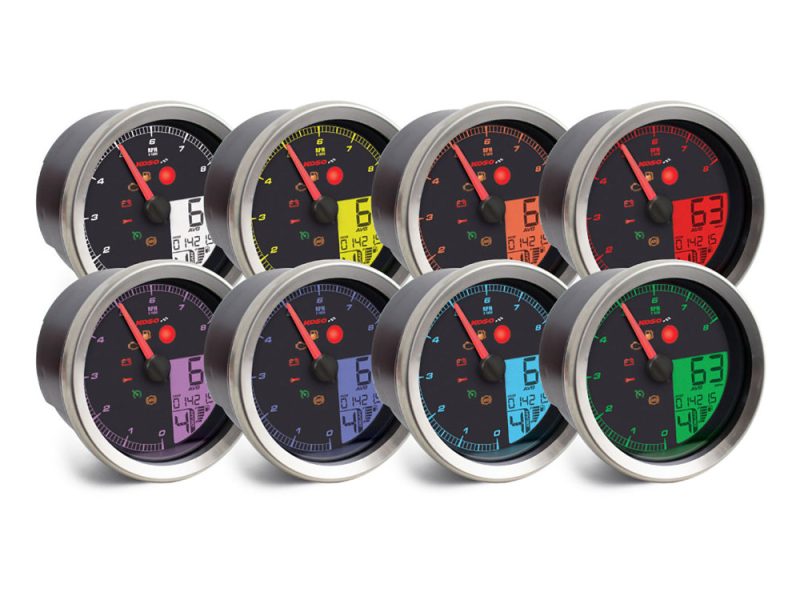 Brightly coloured motorcycle dash gauges collection for Revelry Motorcycles, showcasing style and performance.