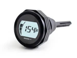 Digital motorcycle temperature gauge with LCD display and adjustable settings.