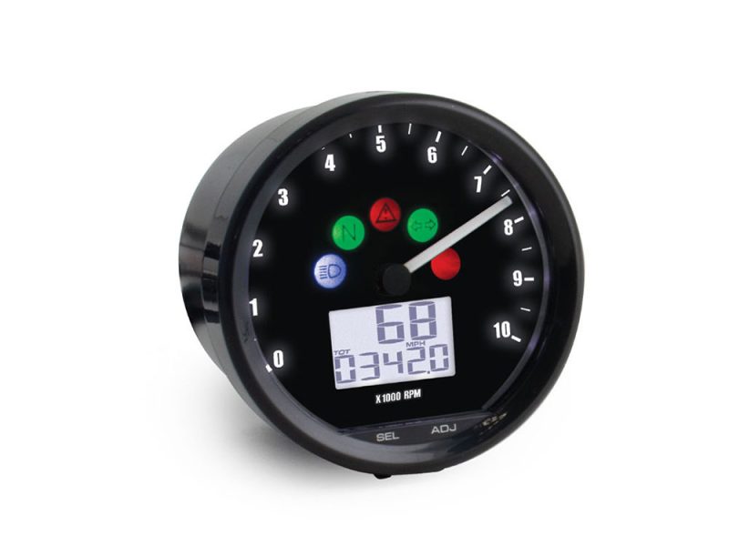 2-1/2in. Vintage Style Digital Speedometer with Tachometer - Black. Digital motorcycle tachometer with LED indicator lights for Revelry Motorcycles, stylish and easy-to-read design.