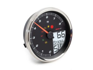 RPM motorcycle gauge with digital speed display and warning lights for Revelry Motorcycles.