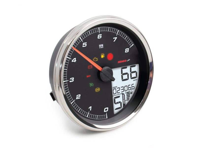 RPM motorcycle gauge with digital speed display and warning lights for Revelry Motorcycles.