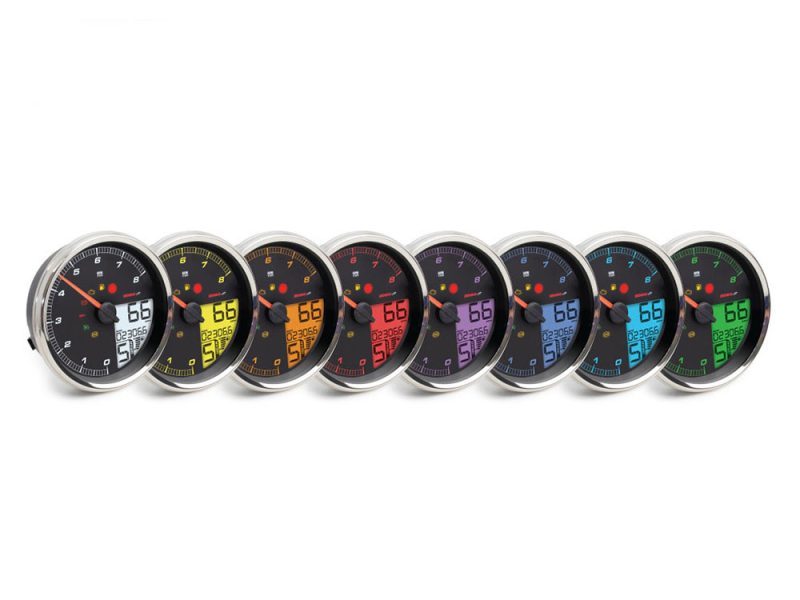 Multicoloured motorcycle speedometers for Revelry Motorcycles, vibrant and high-quality gauges.