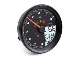 Digital motorcycle speedometer with analog RPM gauge and warning lights.