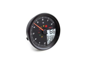 High-performance motorcycle speedometer with digital display and warning lights.