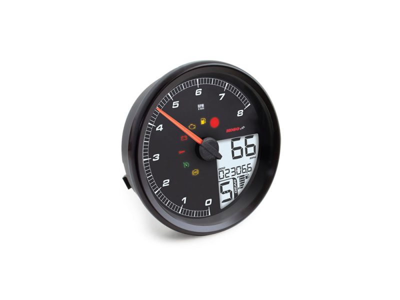 High-performance motorcycle speedometer with digital display and warning lights.