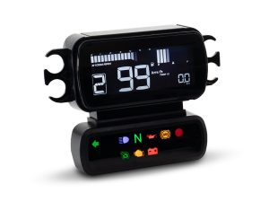 Digital motorcycle speedometer with LCD display and multiple indicator lights, suitable for Revelry Motorcycles.