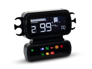 Digital motorcycle speedometer with display and warning lights for Revelry Motorcycles.