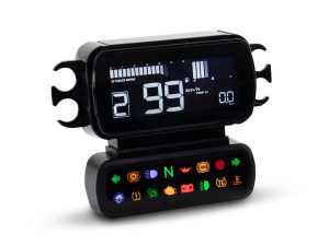 Digital motorcycle dashboard display with speedometer, RPM, and warning lights, ideal for Revelry Motorcycles enthusiasts.