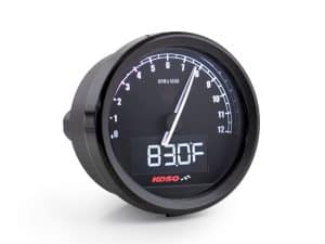 Digital motorcycle gauge with RPM and temperature display, ideal for Revelry Motorcycles enthusiasts.