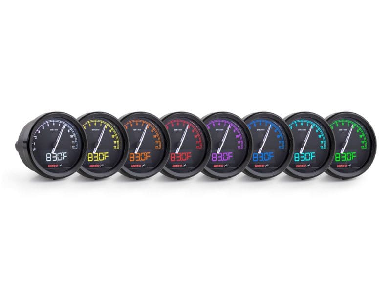 Digital motorcycle dashboard gauges with colour display options for Revelry Motorcycles accessories.