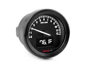High-performance motorcycle tachometer with digital temperature display for Revelry Motorcycles enthusiasts.