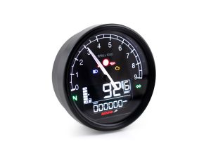 High-performance motorcycle tachometer with digital speed display and warning indicators for Revelry Motorcycles enthusiasts.