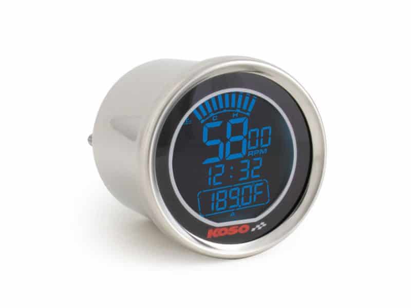 Digital motorcycle tachometer with blue backlit display and temperature readout for Revelry Motorcycles enthusiasts.