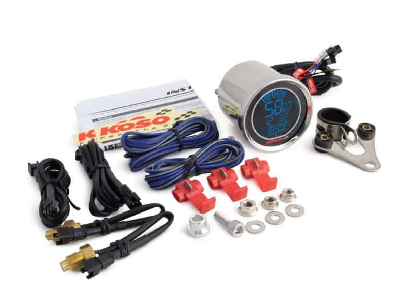Digital motorcycle gauge kit, Revelry Motorcycles compatible, with wiring and mounting accessories.