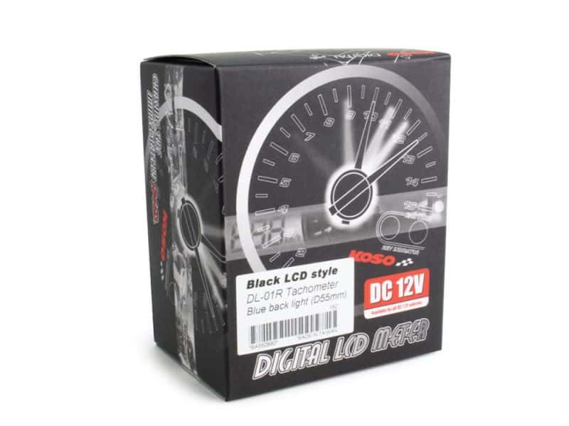 Clear digital tachometer with black LCD display for motorcycles.