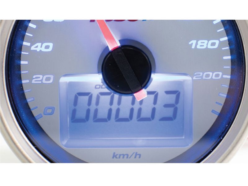 High-performance motorcycle speedometer with odometer display.