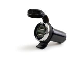 USB car charger for motorcycles with multiple ports, compatible with Revelry Cycles bikes.