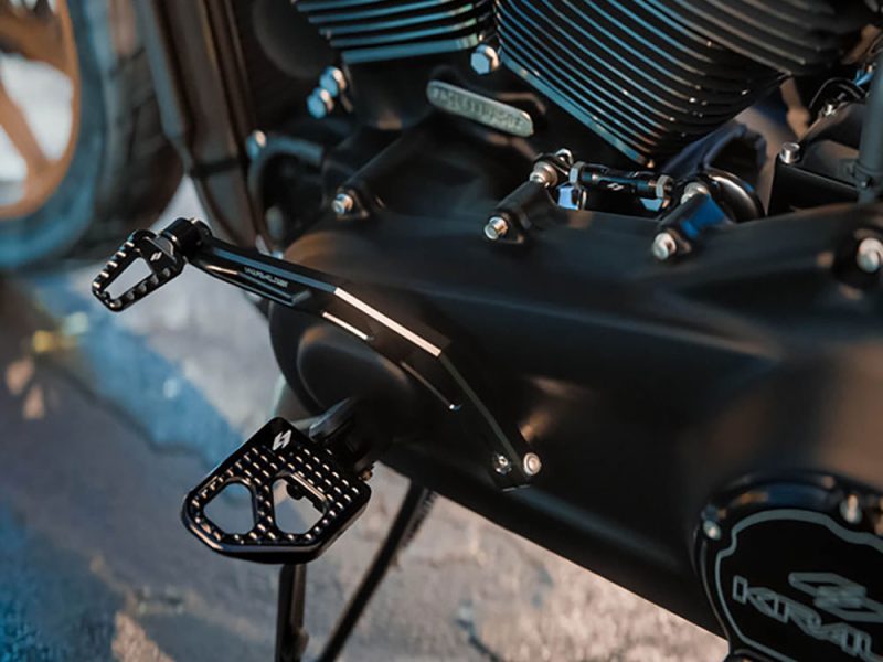 High-quality motorcycle footpeg and gear shift lever for Revelry Motorcycles, perfect for custom bike builds.