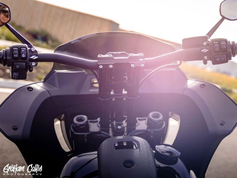 High-performance motorcycle handlebar setup for Revelry Motorcycles, showcasing modern design and premium quality.