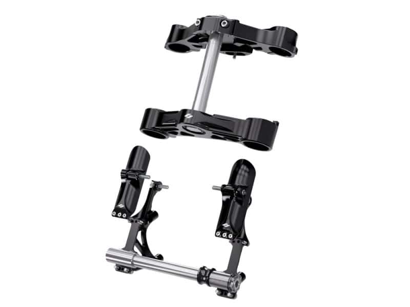 Lightweight motorcycle triple clamp and handlebar riser kit for Revelry Motorcycles.