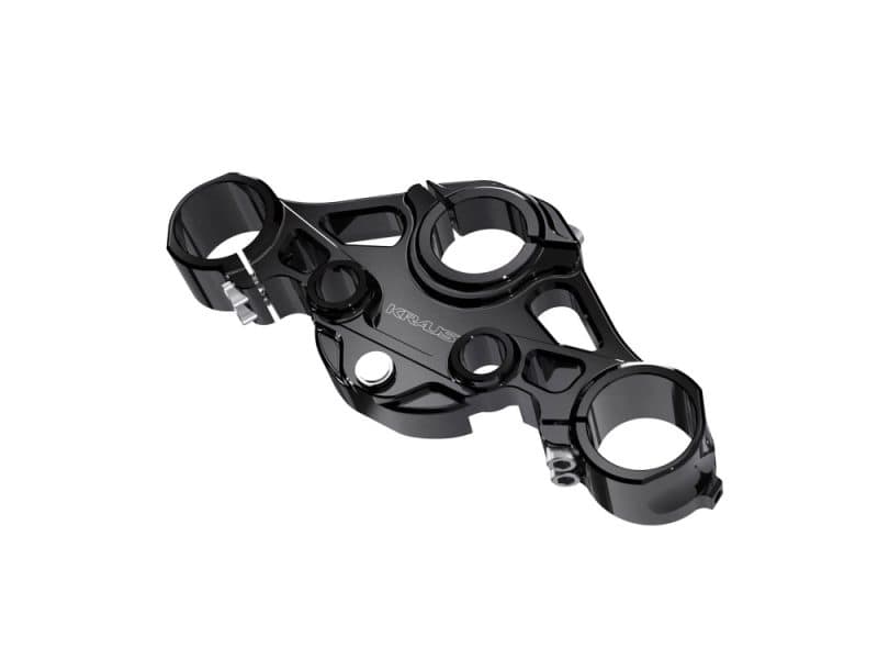 Lightweight black motorcycle triple tree clamp for safety and performance.