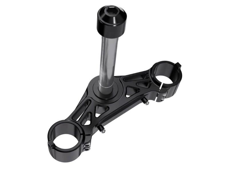 Aluminium motorcycle triple tree for Revelry Motorcycles, custom fork clamps and steering damper mount.