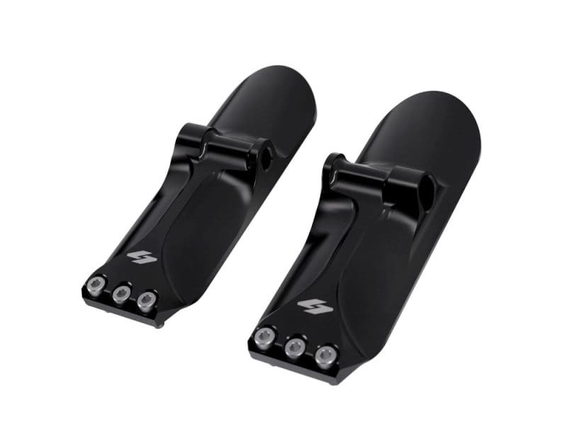 Lightweight black motorcycle footpegs for Rebelry Motorcycles accessories and customisation.