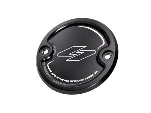 Black motorcycle ignition cover with Revelry logo and Kraus Motor Co branding.