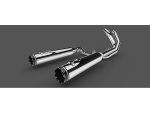 Dual chrome motorcycle exhaust pipes with black accents for cruiser bikes.