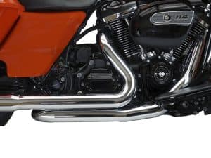 Vivid orange Harley-Davidson motorcycle engine with chrome exhaust pipes and black air filter cover showcasing Revelry Motorcycles.